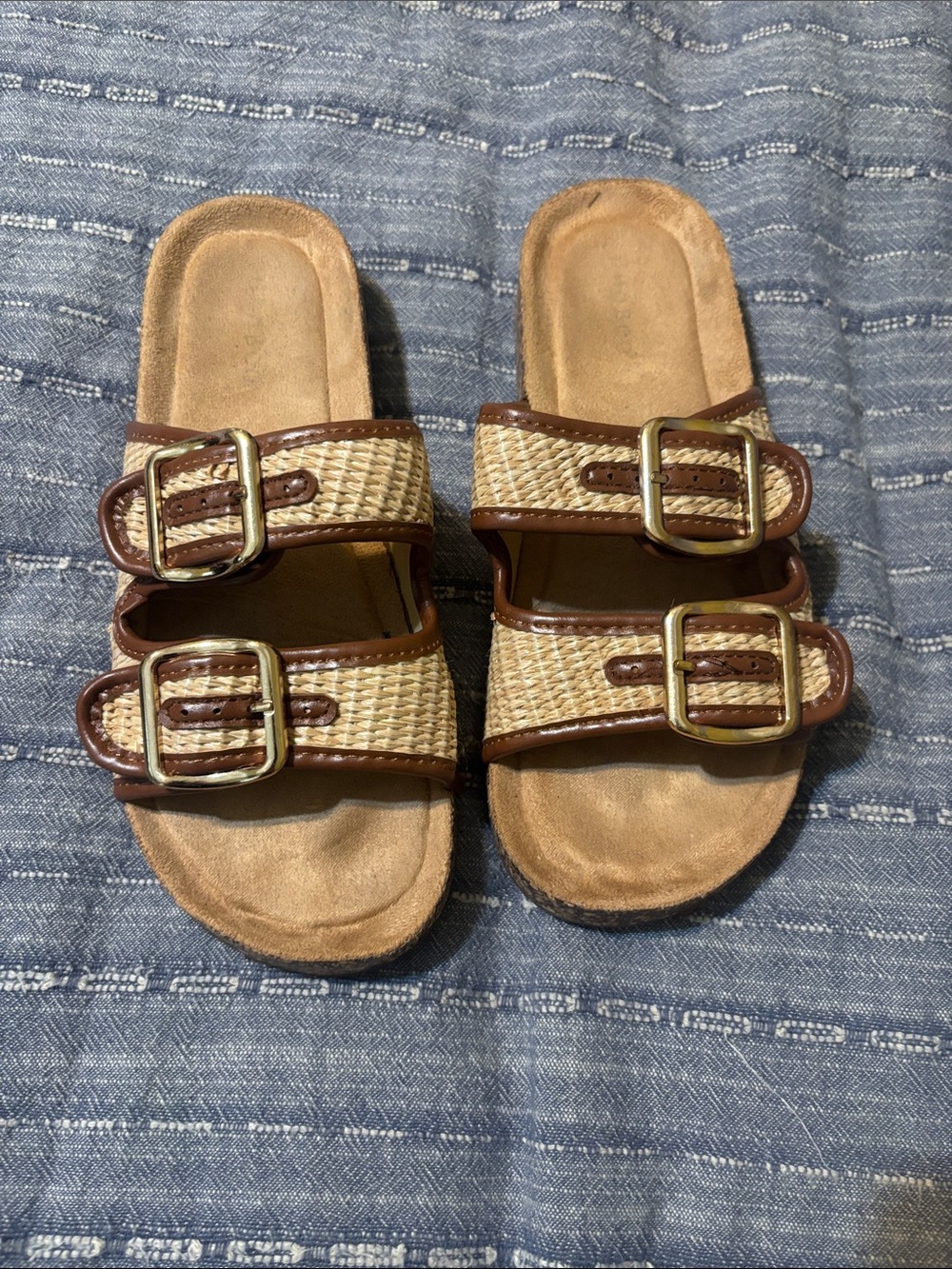 BAMBOO Brown Woven Double-Buckle Slide Sandals